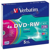 Диск DVD-RW Verbatim 4.7Gb 4x Slim Color (5шт./упаковка) 43563